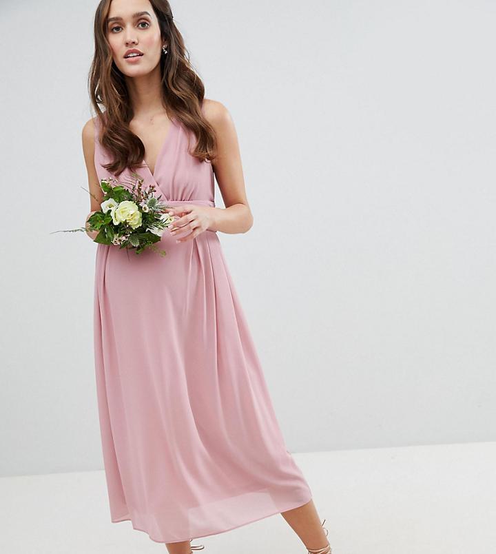 Tfnc Maternity Wrap Front Midi Bridesmaid Dress With Tie Back - Pink
