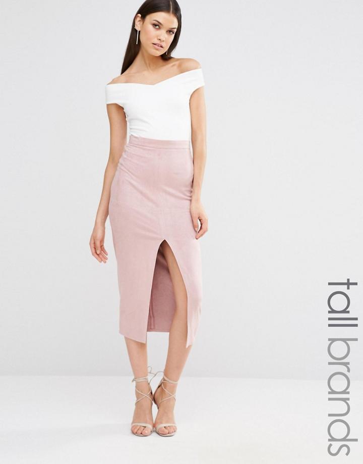 Missguided Tall Split Front Longline Faux Suede Midi Skirt - Lilac