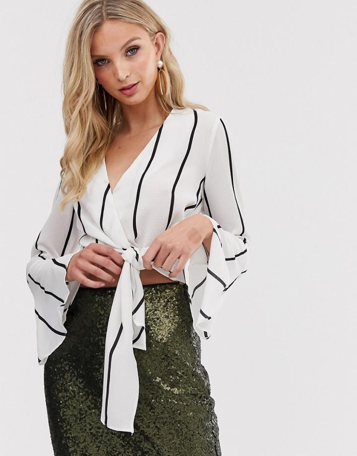 Ax Paris Wrap Over Flared Sleeve Blouse - Cream