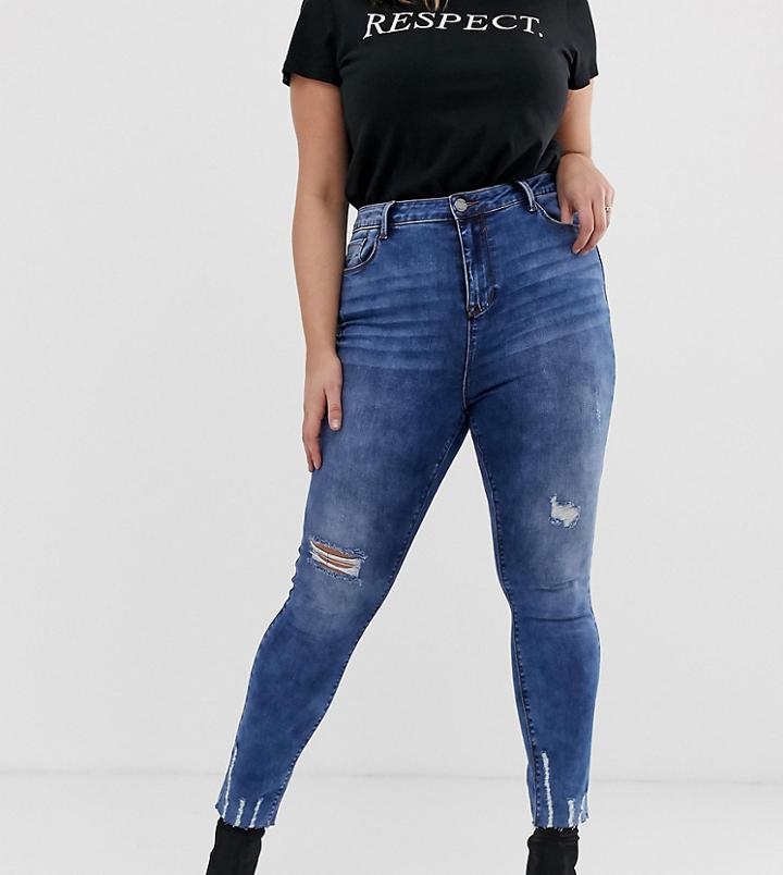 Simply Be Chloe Skinny Jean With Chewed Hem And Distressing In Mid Blue - Blue
