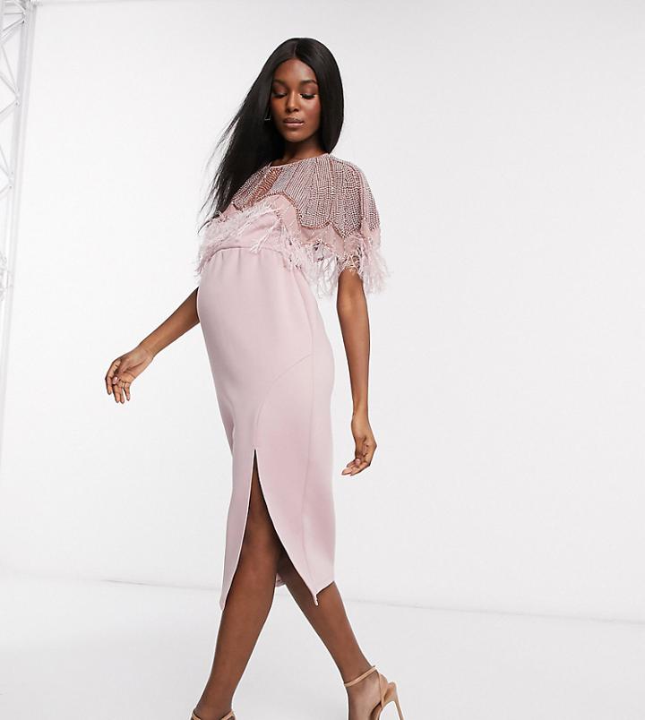 Asos Design Maternity Embellished Scuba Pearl Faux Feather Midi Dress In Pink-multi