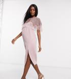 Asos Design Maternity Embellished Scuba Pearl Faux Feather Midi Dress In Pink-multi