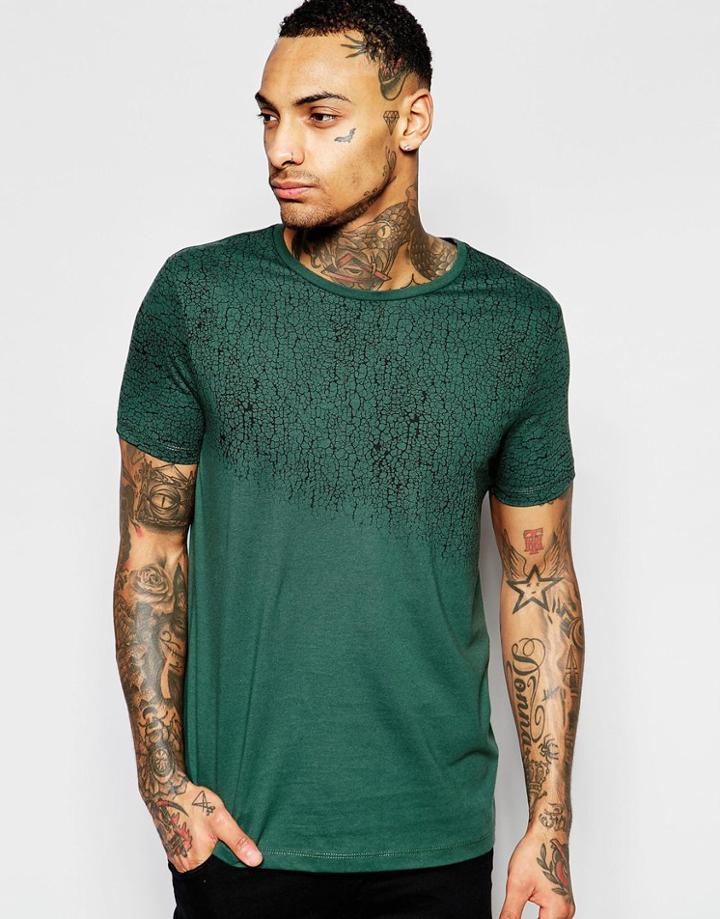 Asos T-shirt With Crackle Yoke Print - Jungle Green
