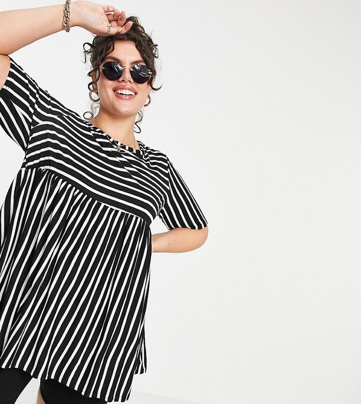 Yours Mixed Stripe Peplum T-shirt In Black