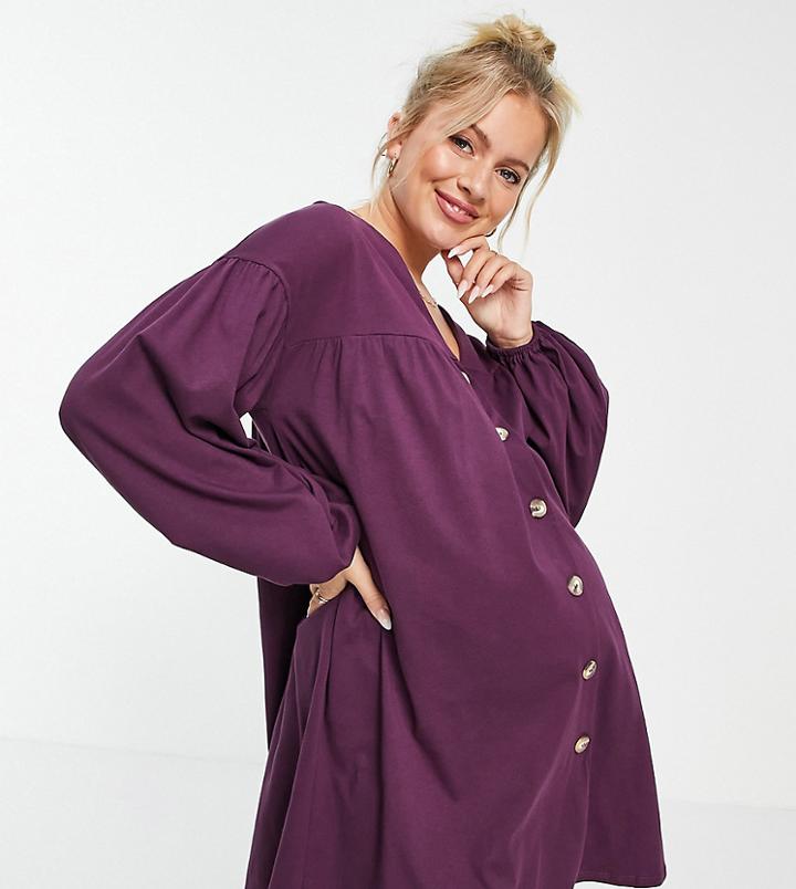 Asos Design Maternity Button Through Mini Smock Dress With Long Sleeves In Aubergine-purple