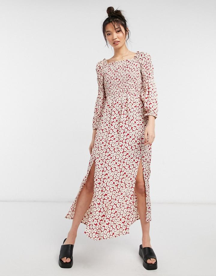 River Island Floral Shirred Midi Dress In Red