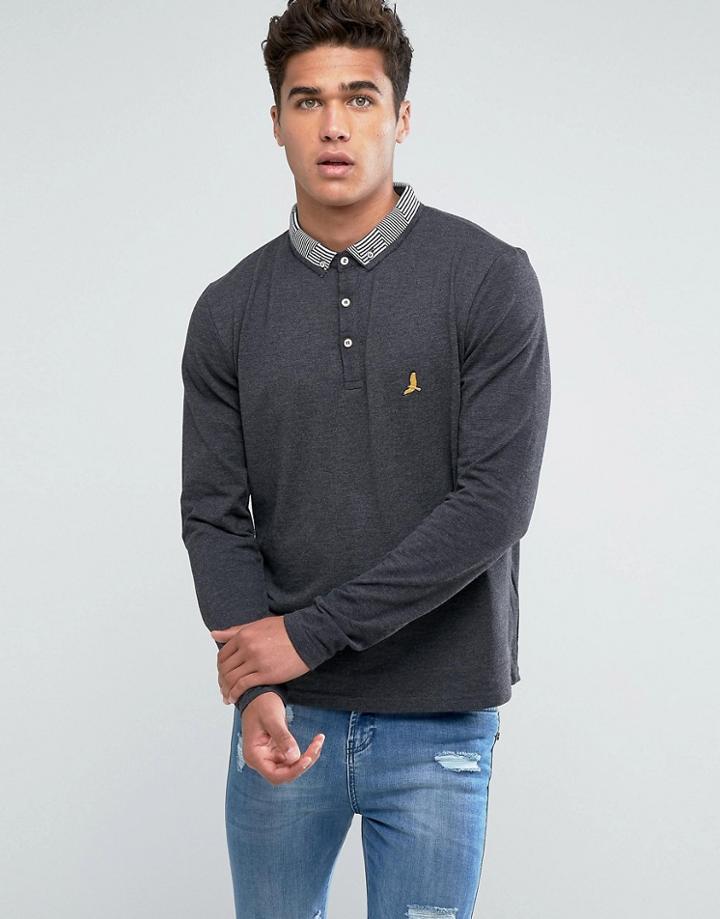 Brave Soul Long Sleeve Contrast Collar Polo Shirt - Gray