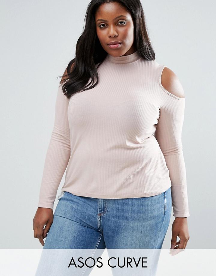 Asos Curve Top With Cold Shoulder And High Neck In Clean Rib - Pink