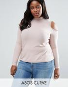 Asos Curve Top With Cold Shoulder And High Neck In Clean Rib - Pink