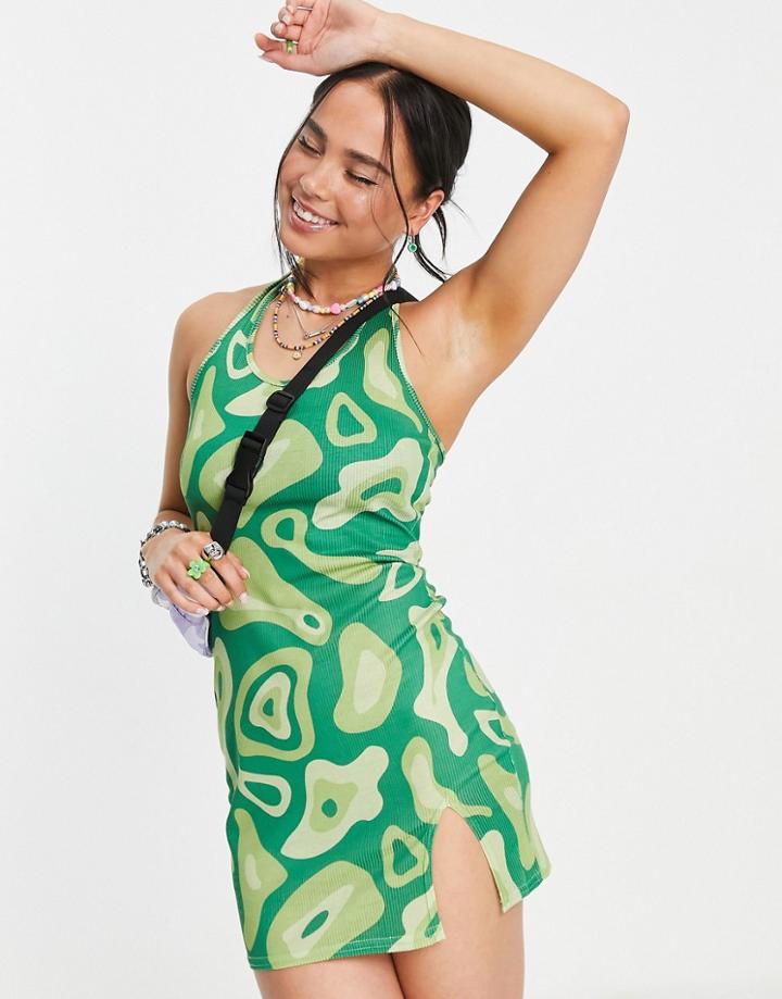 Another Reason Halterneck Mini Dress In Green Abstract Graphic