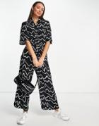 Asos Design Button Through Jumpsuit In Abstract Print-multi