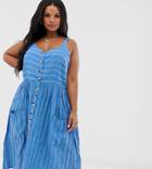 Brave Soul Plus Lelia Stripe Dress With Button Front-blue