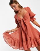 Asos Design Tie Front Mini Dress In Textured Voile In Red