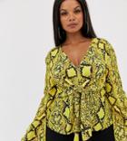 Prettylittlething Plus Exclusive Blouse With Tie Waist In Yellow Snake - Yellow