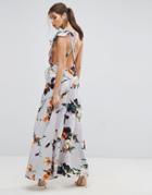 Asos Asymmetric Ruffle Cross Back Floral Maxi Dress - Multi
