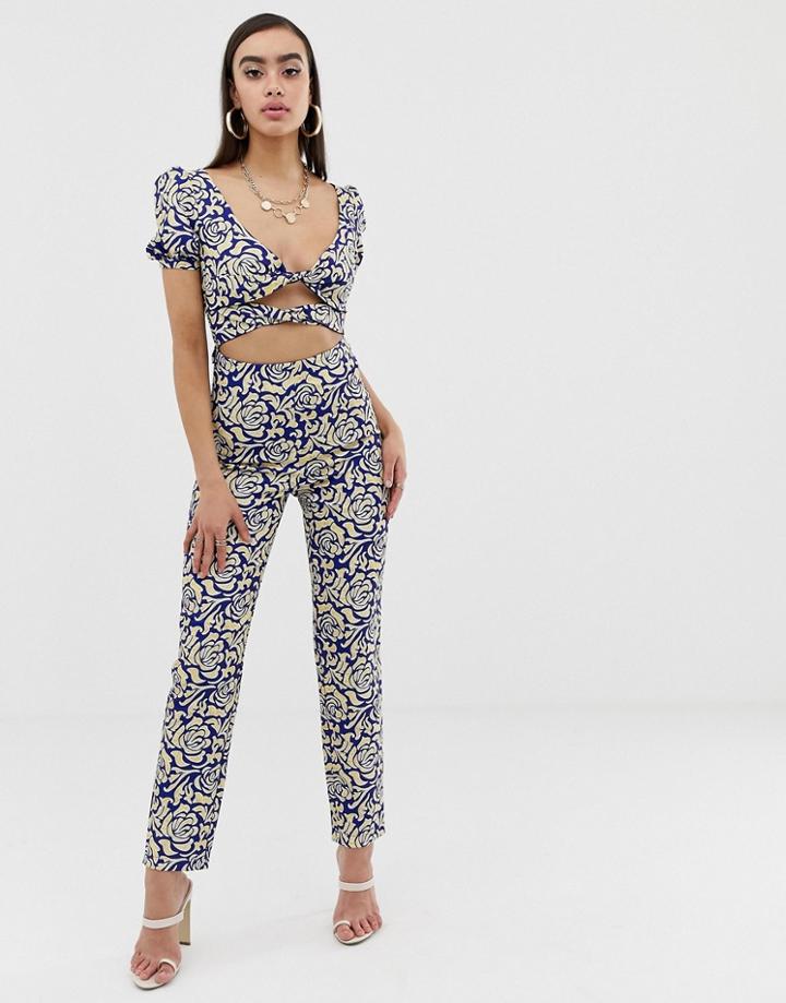 Lioness Off Shoulder Jumpsuit With Double Tie Front In Geometric Print - Multi