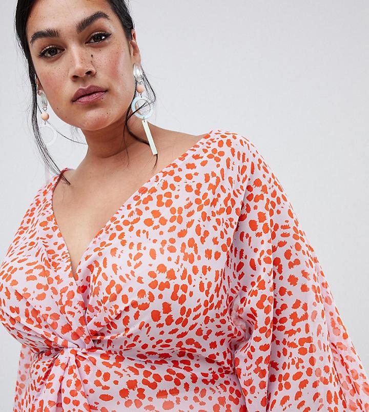 Asos Design Curve Knot Front Top With Kimono Sleeve In Animal Print-multi