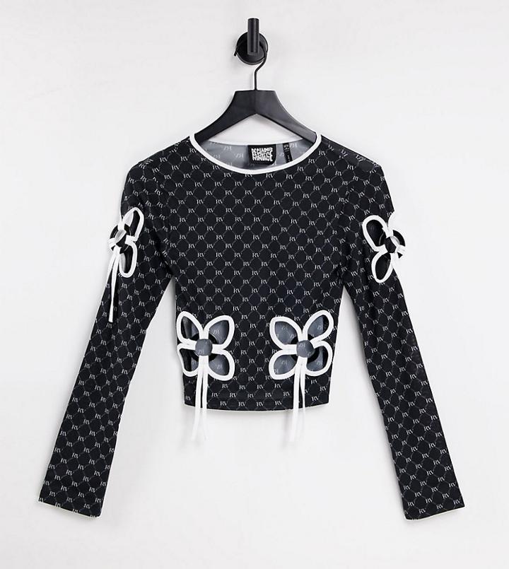 Reclaimed Vintage Inspired Long Sleeve Mesh Top With Cut Out Tie Out Detail In Monogram Print-black