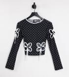 Reclaimed Vintage Inspired Long Sleeve Mesh Top With Cut Out Tie Out Detail In Monogram Print-black