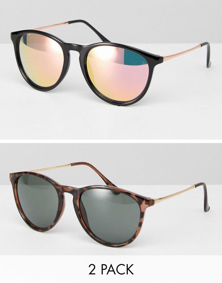 Asos 2 Pack Skinny Keyhole Retro Round Sunglasses In Tortoise And Black - Multi