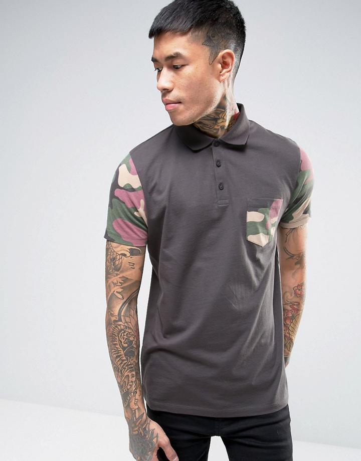 Asos Polo Shirt In Black With Camo Sleeves - Black