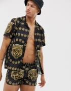 Hermano Two-piece Revere Collar Shirt With Tiger Print-black