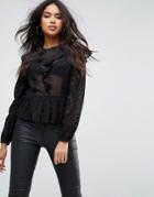 Boohoo Mesh And Lace Ruffle Top - Black