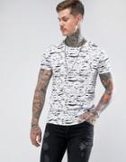 Noose & Monkey Longline Muscle Fit T-shirt In Dash Print - White