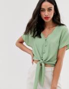 Asos Design Short Sleeve Button Front Top With Tie Detail-green