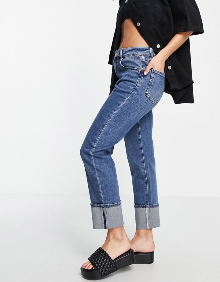 Urban Revivo Straight Leg Turn Up Jeans In Mid Blue
