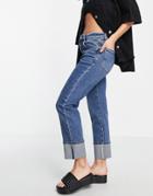Urban Revivo Straight Leg Turn Up Jeans In Mid Blue