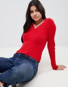 Asos Design V Neck Sweater In Rib-red