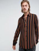 Asos Regular Fit Viscose Stripe Shirt In Rust - Brown