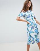 Asos Design Pleated Shoulder Midi Dress In Floral Print - Multi