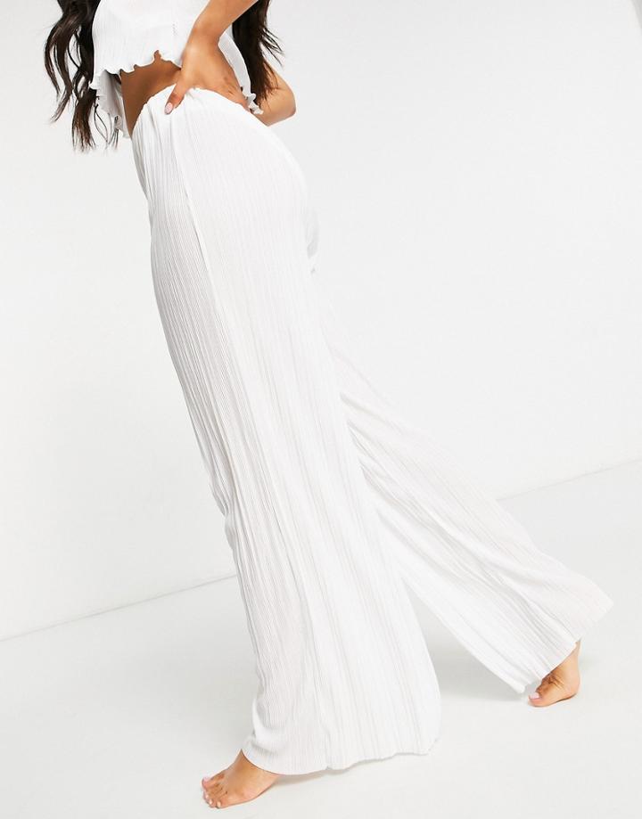 Asos Design Wide Leg Beach Pant In White Plisse - Part Of A Set