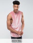 Asos Tall Longline Sleeveless T-shirt With Dropped Armhole In Pink Velour - Pink
