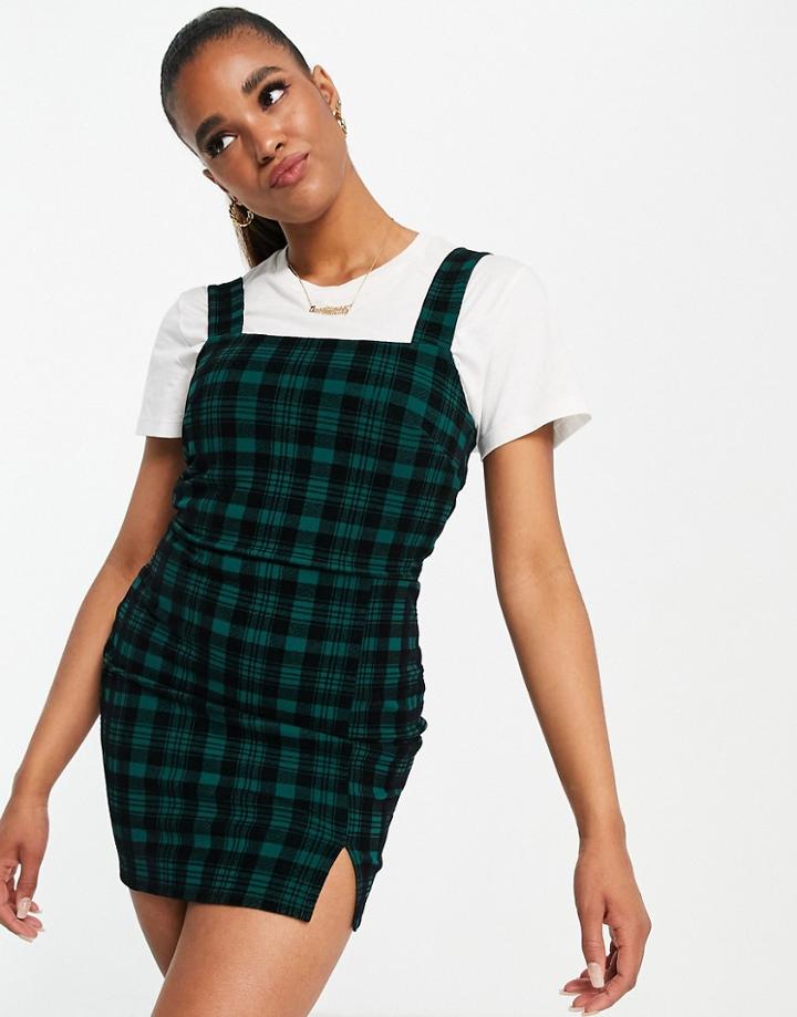 Miss Selfridge Velvet Pinafore Mini Dress In Green Plaid-multi