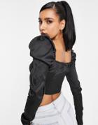 Femme Luxe Square Front Puff Sleeve Top In Black
