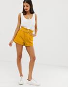 River Island Paperbag Waist Shorts In Ochre-yellow