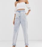 Asos Design Tall Tapered Boyfriend Jeans With Curved Seam In Bleach Acid Wash - Blue