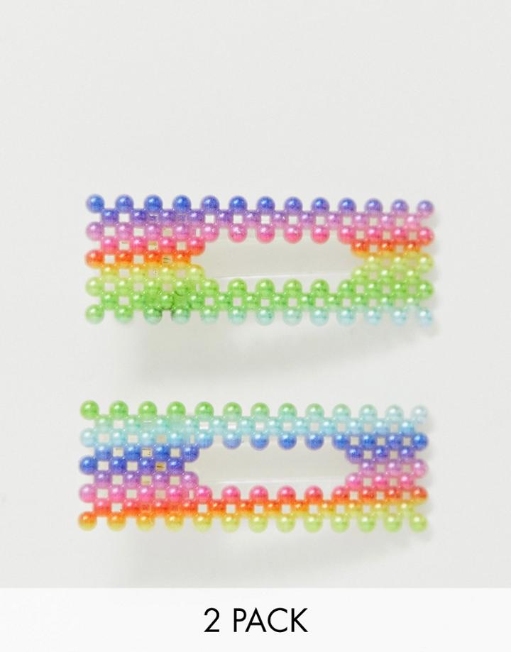 Asos Design Pack Of 2 Hair Clips In Rainbow Pearl-multi