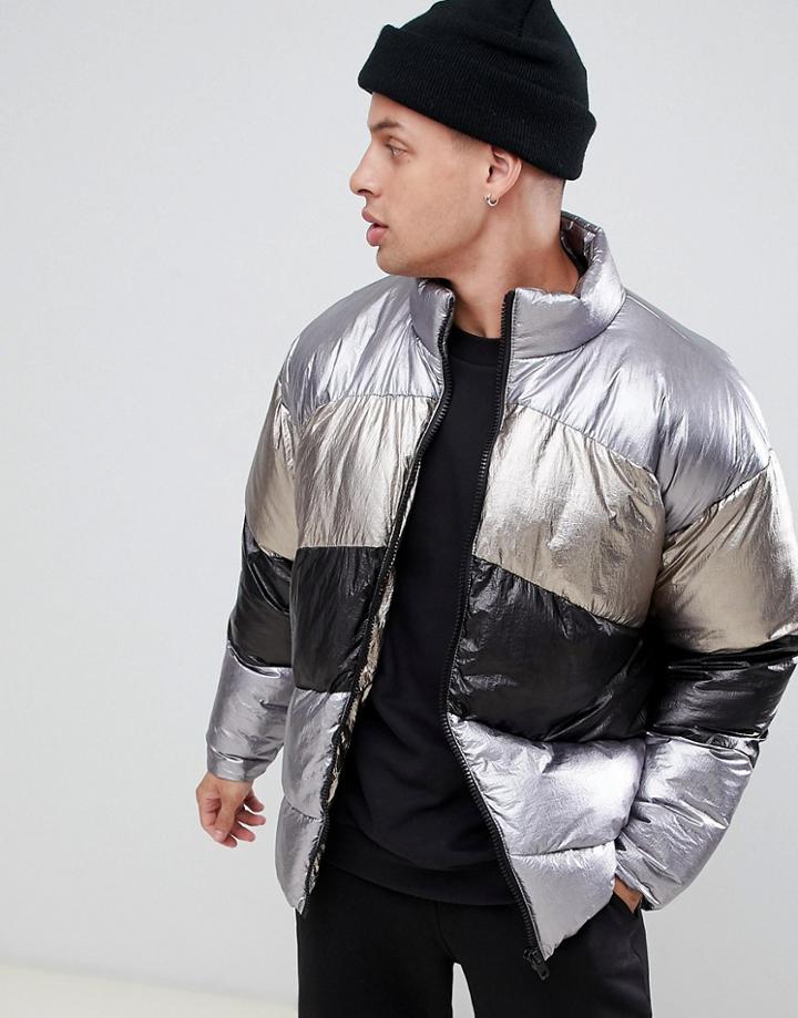 Asos Design Oversized Metallic Puffer In Silver - Silver