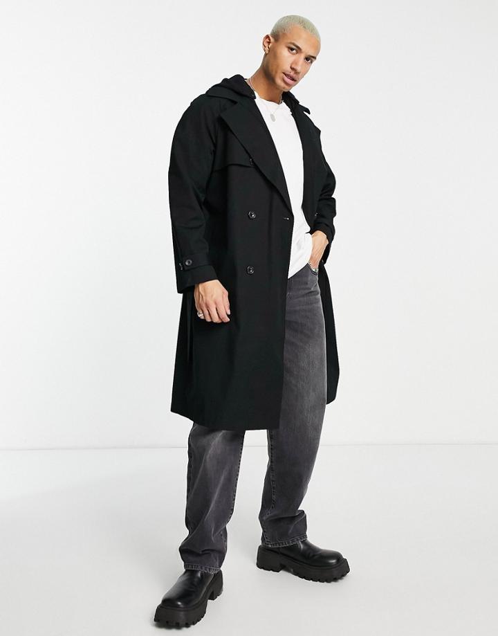 Asos Design Water Resistant Oversized Trench Coat In Black With Jersey Hood