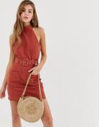 Asos Design Denim Halterneck Belted Mini Dress In Conker - Brown
