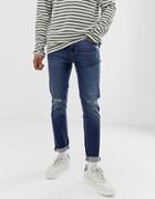 Asos Design Skinny Jeans In Dark Wash With Knee Rips - Blue