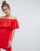 Pull & Bear Off The Shoulder Bardot Dress In Red - Red