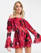 Asos Design Bardot Floaty Flared Chiffon Romper In Blurred Floral-pink