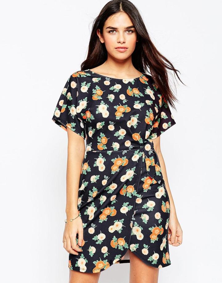 Asos Knot Detail Dress In Floral Print - Multi