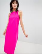 Warehouse Midi Dress With High Neck In Bright Pink - Pink