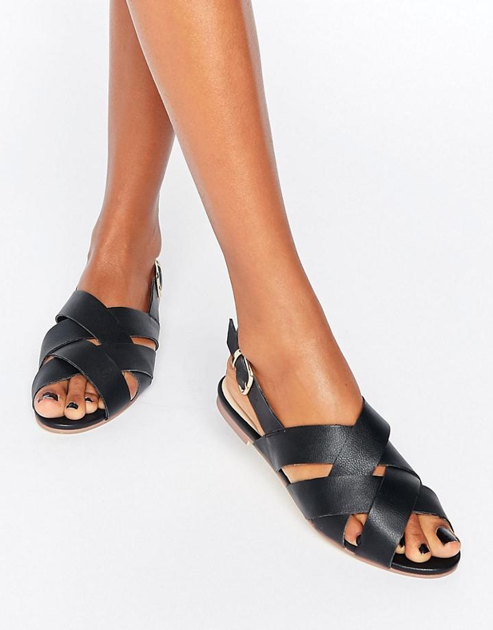 London Rebel Criss Cross Flat Sandals - Black